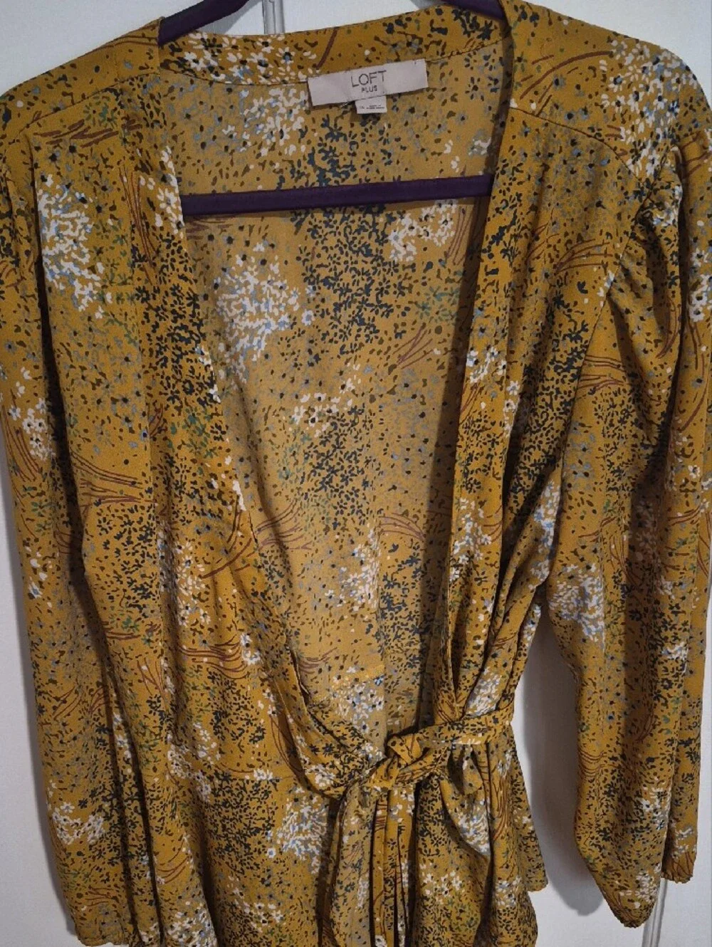 LOFT Mustard Floral Tie-Waist Wrap Top